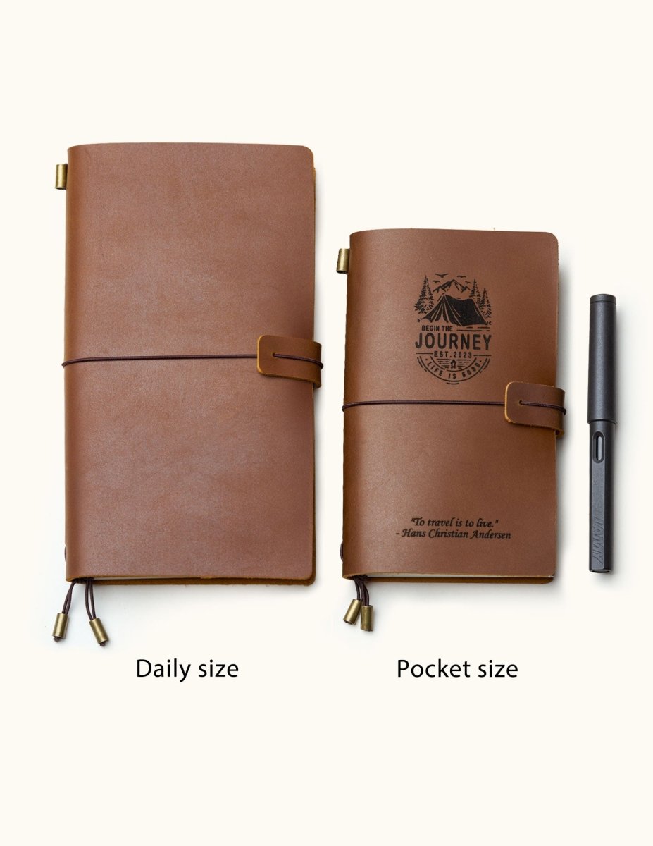 Two handcrafted full-grain leather travel notebooks in daily and pocket sizes, with elastic closure and custom engraving, perfect for journaling, sketching, and gift for men.