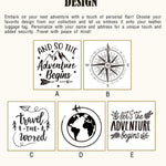 Five design options for custom engraving on leather luggage tags including compass, globe, airplane, and adventure quotes, allowing personalized travel tag customization.