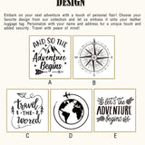 Five design options for custom engraving on leather luggage tags including compass, globe, airplane, and adventure quotes, allowing personalized travel tag customization.