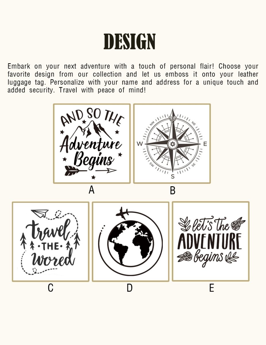 Five design options for custom engraving on leather luggage tags including compass, globe, airplane, and adventure quotes, allowing personalized travel tag customization.