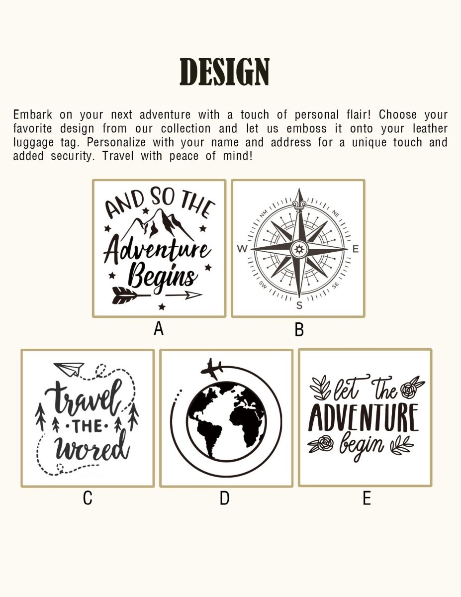 Five design options for custom engraving on leather luggage tags including compass, globe, airplane, and adventure quotes, allowing personalized travel tag customization.