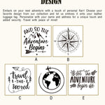 Five design options for custom engraving on leather luggage tags including compass, globe, airplane, and adventure quotes, allowing personalized travel tag customization.