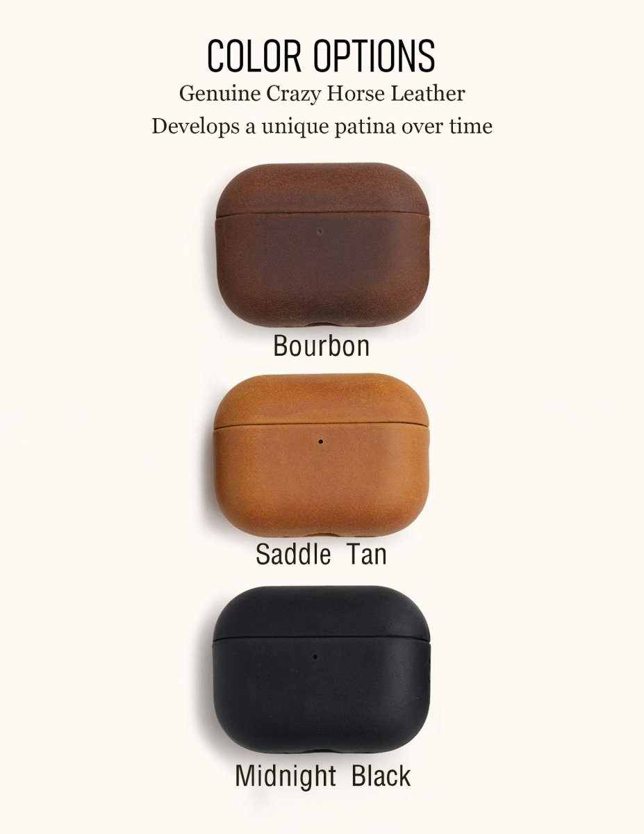 Color options for genuine crazy horse leather AirPods cases: Midnight Black, Bourbon, and Saddle Tan. Each color develops a unique patina.