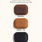 Color options for genuine crazy horse leather AirPods cases: Midnight Black, Bourbon, and Saddle Tan. Each color develops a unique patina.