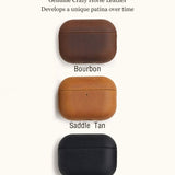 Color options for genuine crazy horse leather AirPods cases: Midnight Black, Bourbon, and Saddle Tan. Each color develops a unique patina.