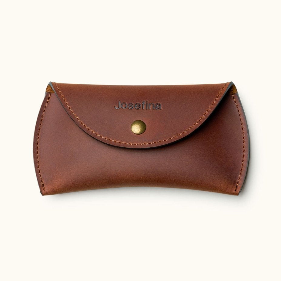 Custom leather case for Apple Magic Mouse with flap closure and hand-stitched edges