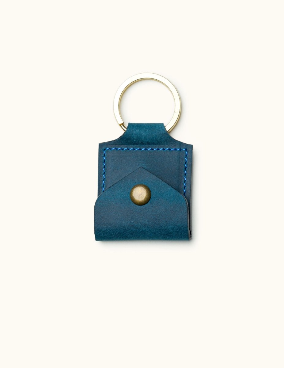 Blue square leather guitar pick holder keychain with brass snap and blue stitching