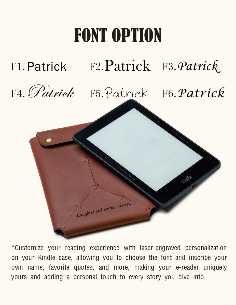 CraftedMan leather Kindle sleeve in brown, shown with a Kindle device placed on top. Features minimalistic design and embossed brand logo