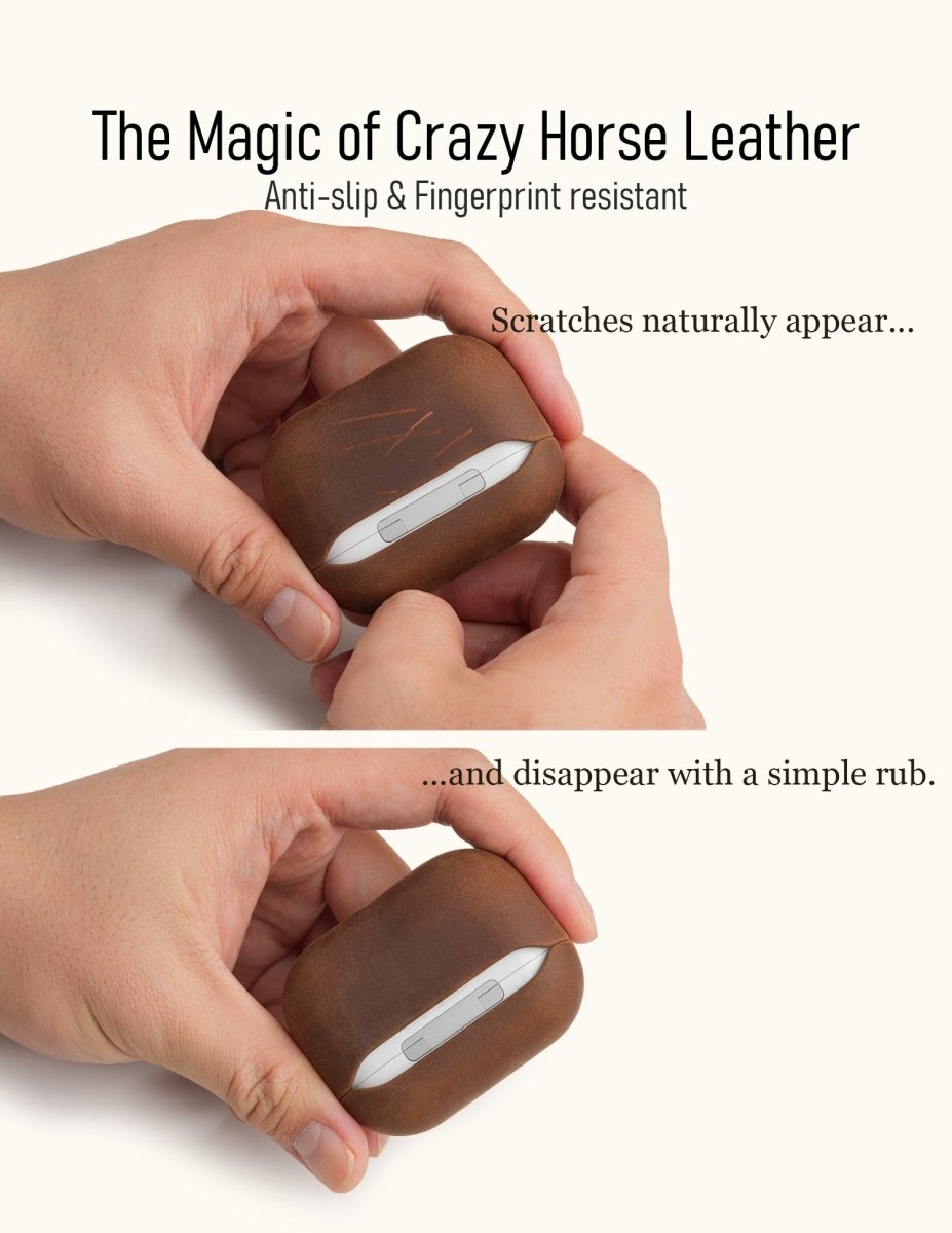 Two-part demonstration showing how scratches on genuine crazy horse leather naturally appear, and then easily disappear with a simple finger rub. Anti-slip and fingerprint resistant.