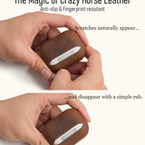 Two-part demonstration showing how scratches on genuine crazy horse leather naturally appear, and then easily disappear with a simple finger rub. Anti-slip and fingerprint resistant.