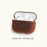 Open view of a vintage brown crazy horse leather AirPods case resting on a white surface. The text "Secure Fit - Lid Stays On" highlights the precision molding that prevents the top leather cover from slipping off during daily use.