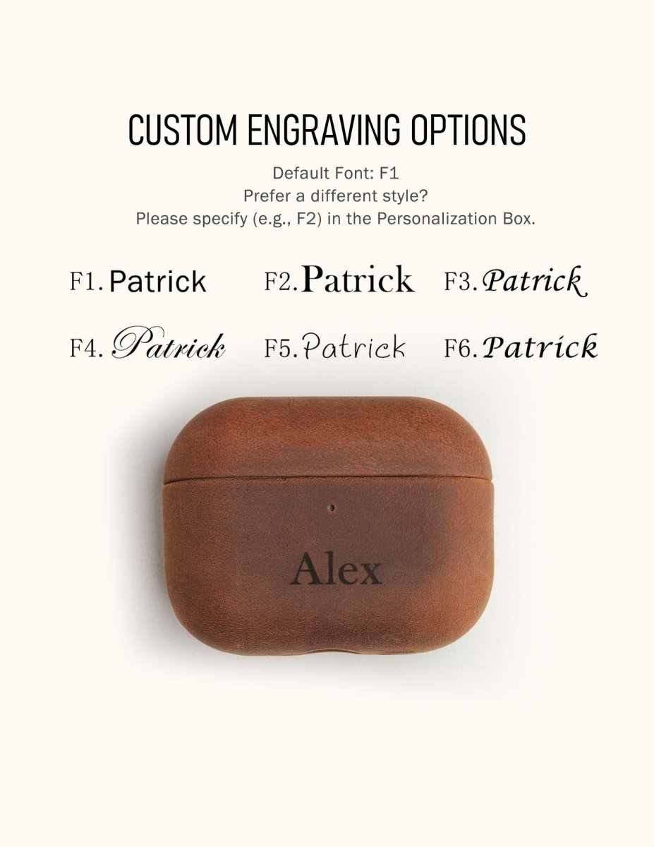 Custom engraving font options chart for personalized leather AirPods cases. Shows six different elegant font styles for custom names or initials.