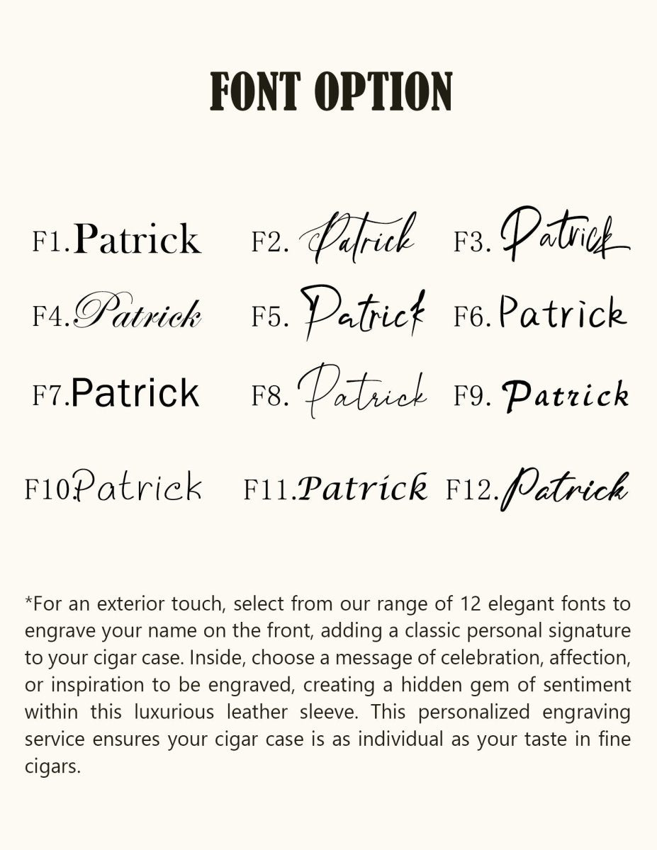 Twelve elegant font styles for personalizing leather cigar cases, shown with the sample name "Patrick". Customers can choose their preferred font for custom engraving