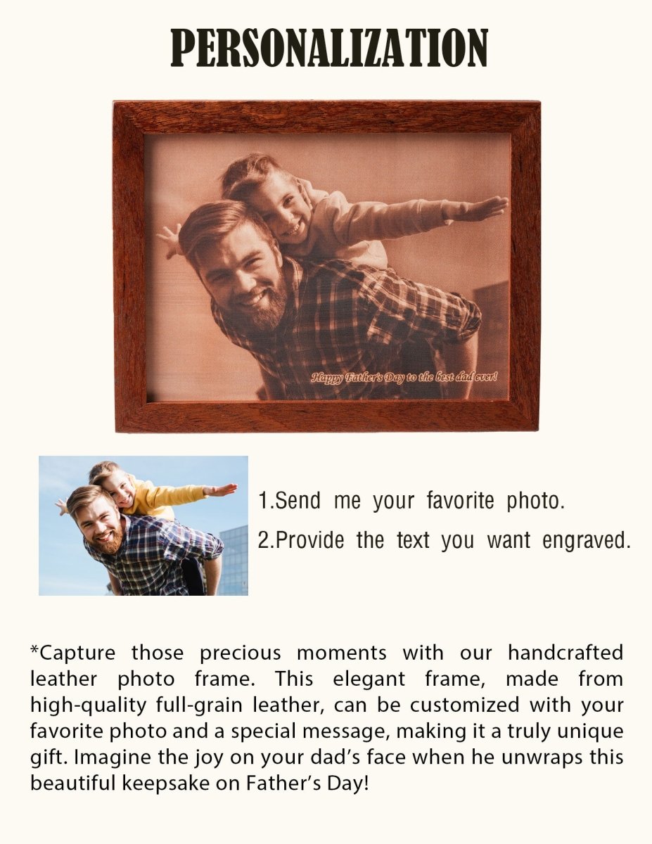 Personalized leather photo frame with a father and daughter, featuring the engraved message “Happy Father’s Day to the best dad ever” and instructions for sending your photo and custom text — a perfect custom gift for Father’s Day