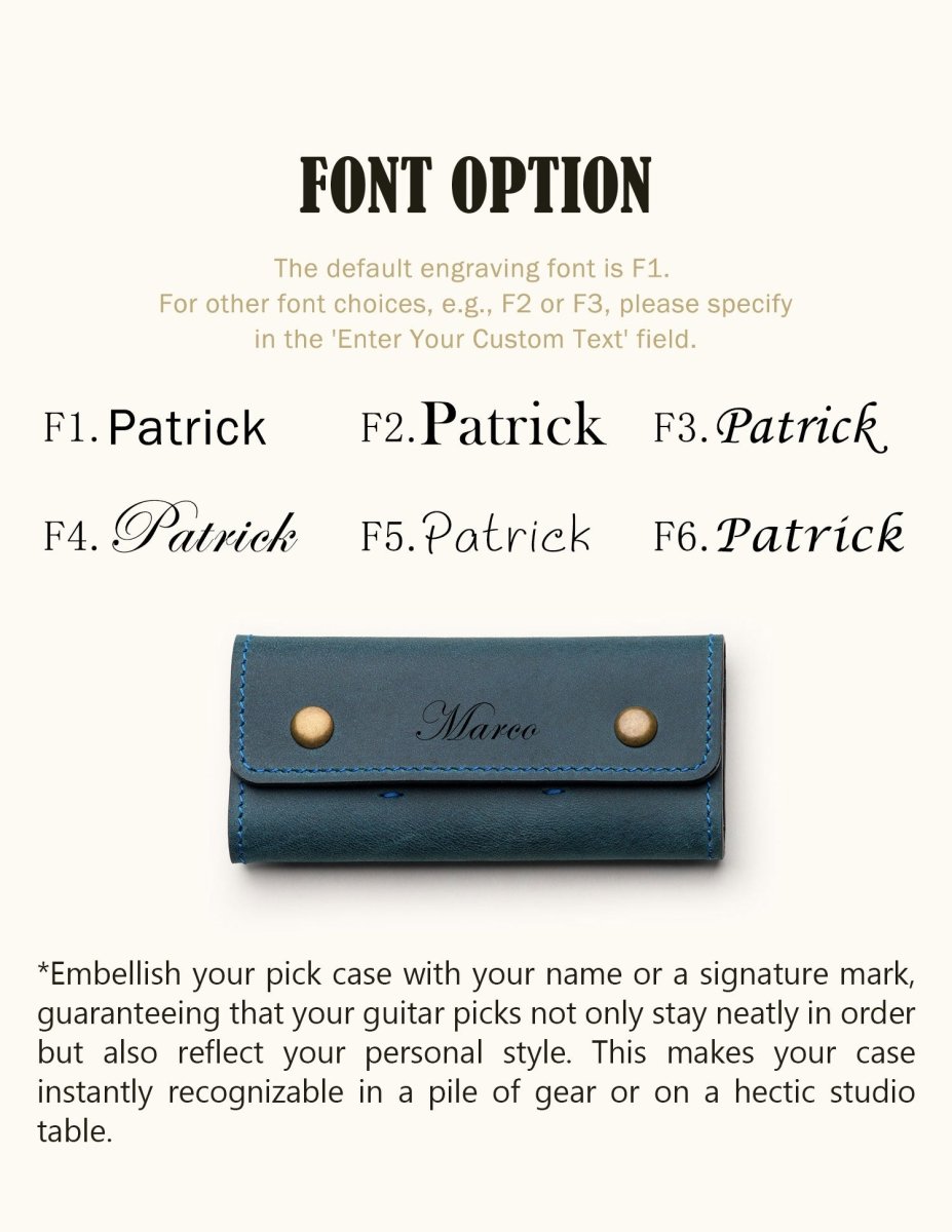 Font options for customizing leather guitar pick case, showing six engraving styles with example name Marco on a blue leather holder