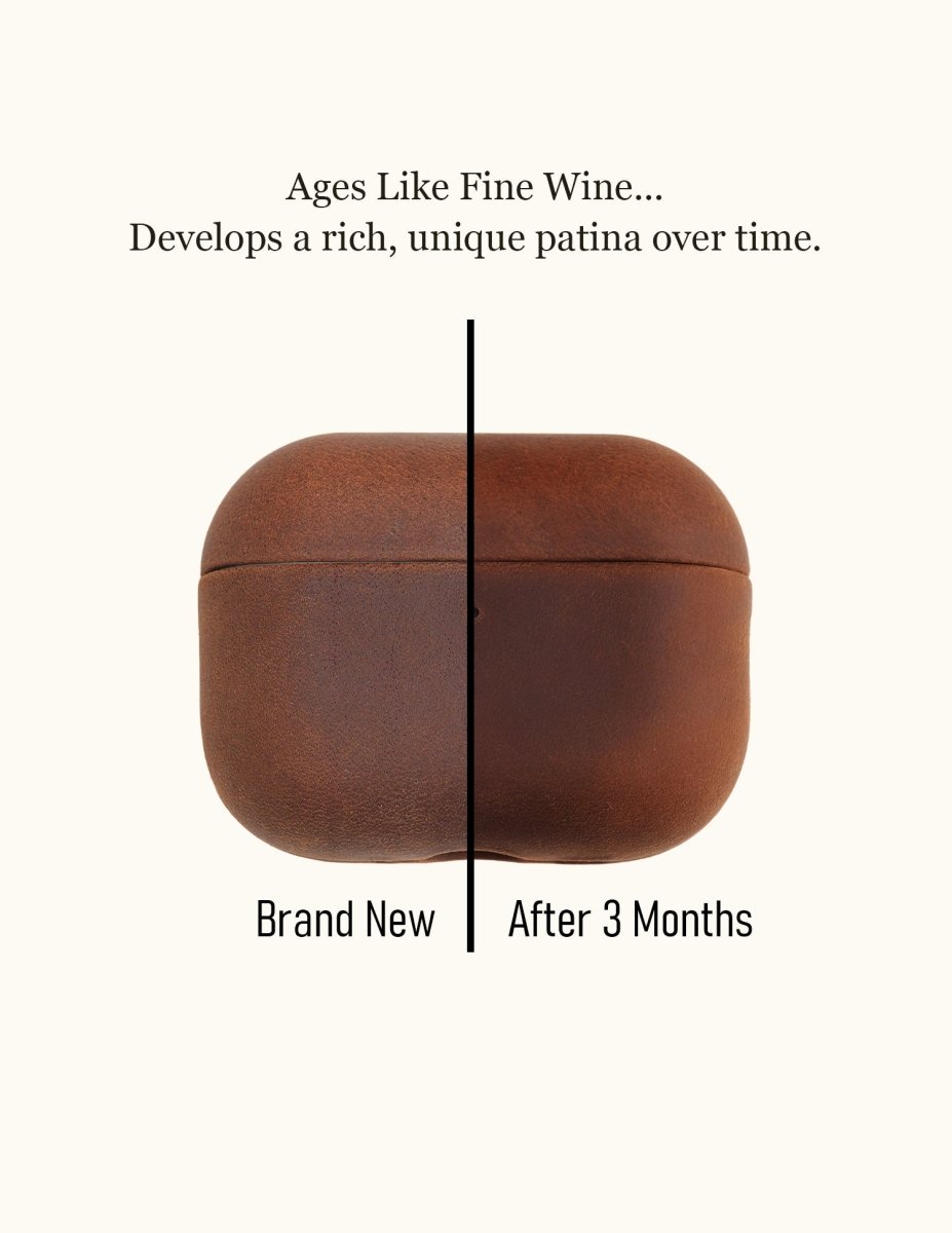 Split image comparing a brand new crazy horse leather AirPods case with one after 3 months of use, showing how it develops a rich, dark, and unique patina over time.