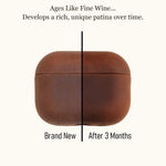Split image comparing a brand new crazy horse leather AirPods case with one after 3 months of use, showing how it develops a rich, dark, and unique patina over time.