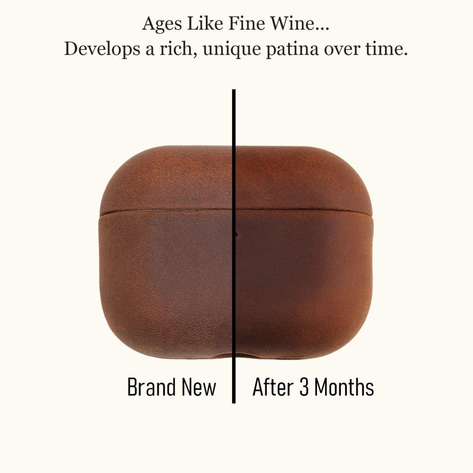 Split image comparing a brand new crazy horse leather AirPods case with one after 3 months of use, showing how it develops a rich, dark, and unique patina over time.