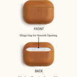 Front and back views of a saddle tan leather AirPods case. Highlights include a hinge gap for smooth opening and full compatibility with wireless charging pads.
