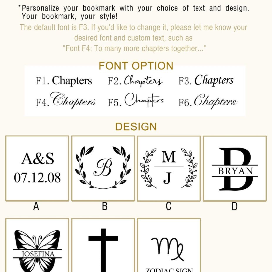 Personalization guide for leather bookmarks showing font choices (F1–F6) and design options (A–G), including initials, dates, crosses, butterflies, and zodiac signs