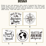 Five custom engraving design options for personalized leather luggage tags including compass, globe, and adventure-themed quotes