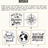 Five custom engraving design options for personalized leather luggage tags including compass, globe, and adventure-themed quotes