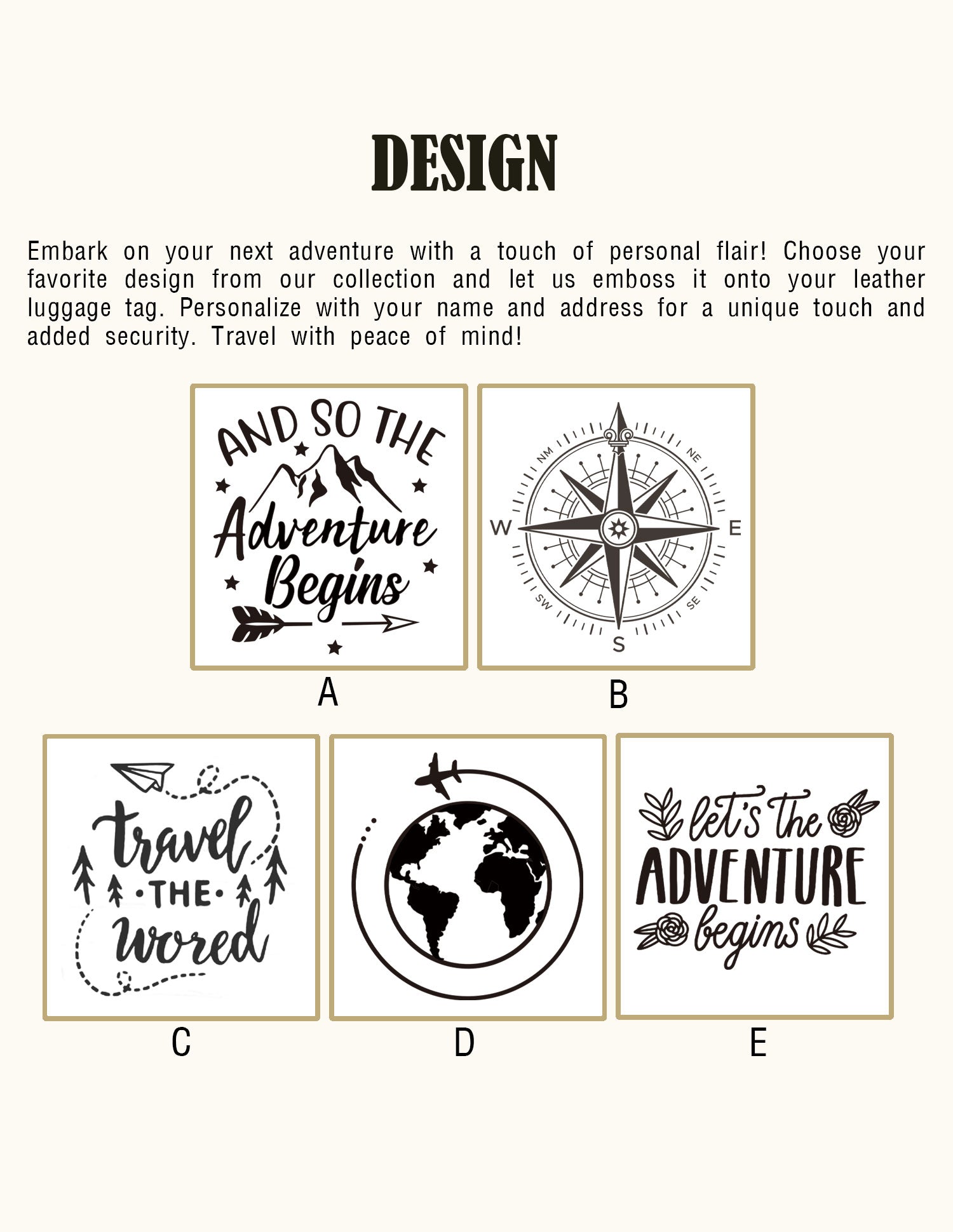 Five custom engraving design options for personalized leather luggage tags including compass, globe, and adventure-themed quotes