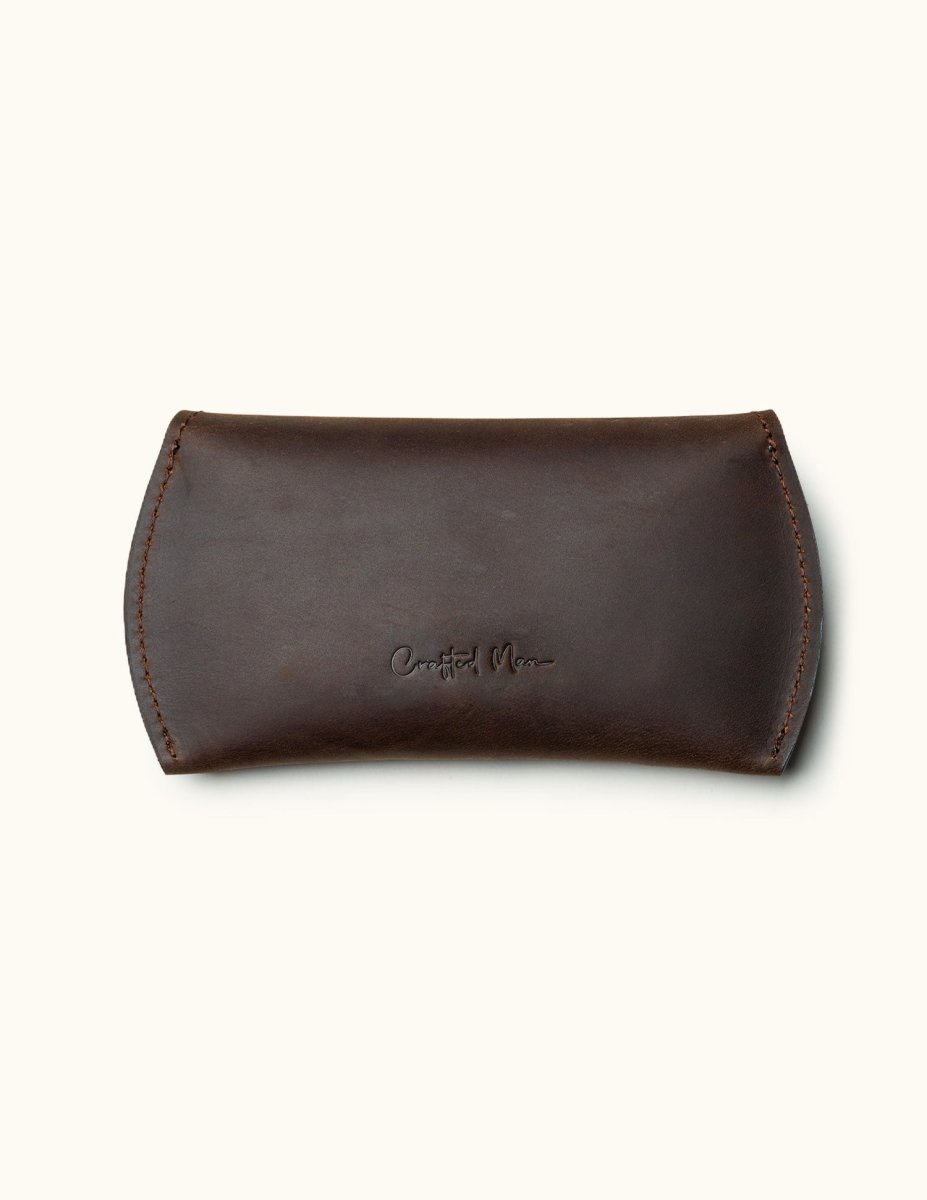 Front view of coffee brown full-grain leather case for Apple Magic Mouse with Crafted Man logo embossed