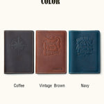 Leather passport covers in three color options – Coffee, Vintage Brown, and Navy – customizable with embossed designs
