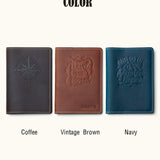 Leather passport covers in three color options – Coffee, Vintage Brown, and Navy – customizable with embossed designs