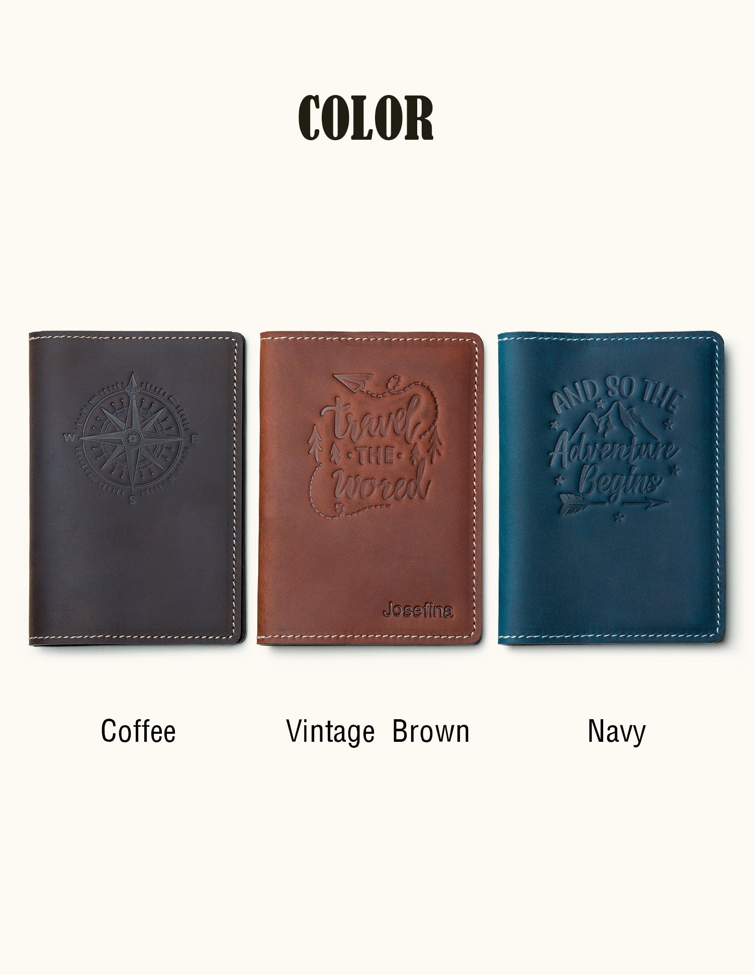 Leather passport covers in three color options – Coffee, Vintage Brown, and Navy – customizable with embossed designs