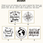 Custom design options for leather passport covers – choose from five unique travel-themed artwork styles for personalization