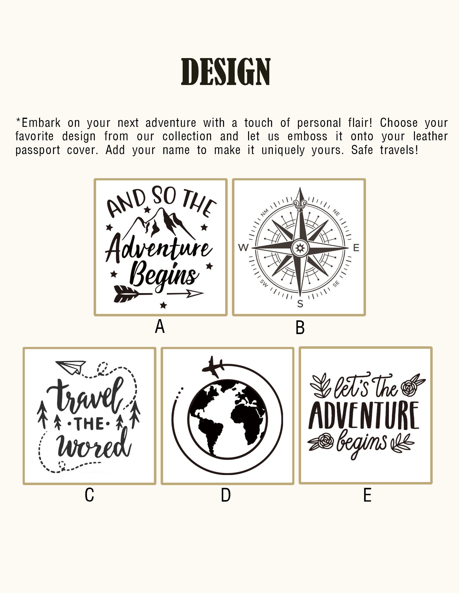 Custom design options for leather passport covers – choose from five unique travel-themed artwork styles for personalization