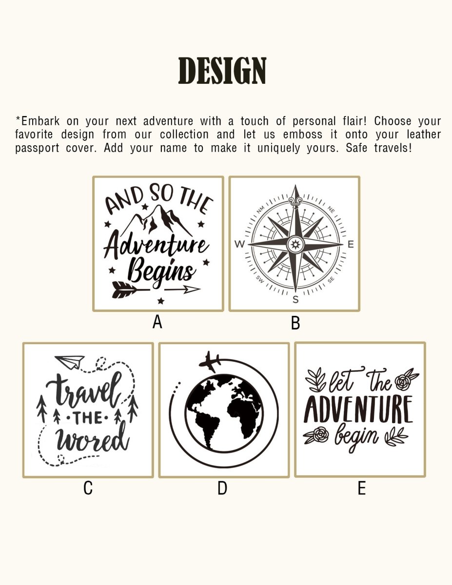 Custom design options for leather passport covers – choose from five unique travel-themed artwork styles for personalization