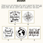 Custom design options for leather passport covers – choose from five unique travel-themed artwork styles for personalization