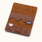 Interior view of personalized leather SD card holder with six stitched slots, storing memory cards securely for photographers or gamers