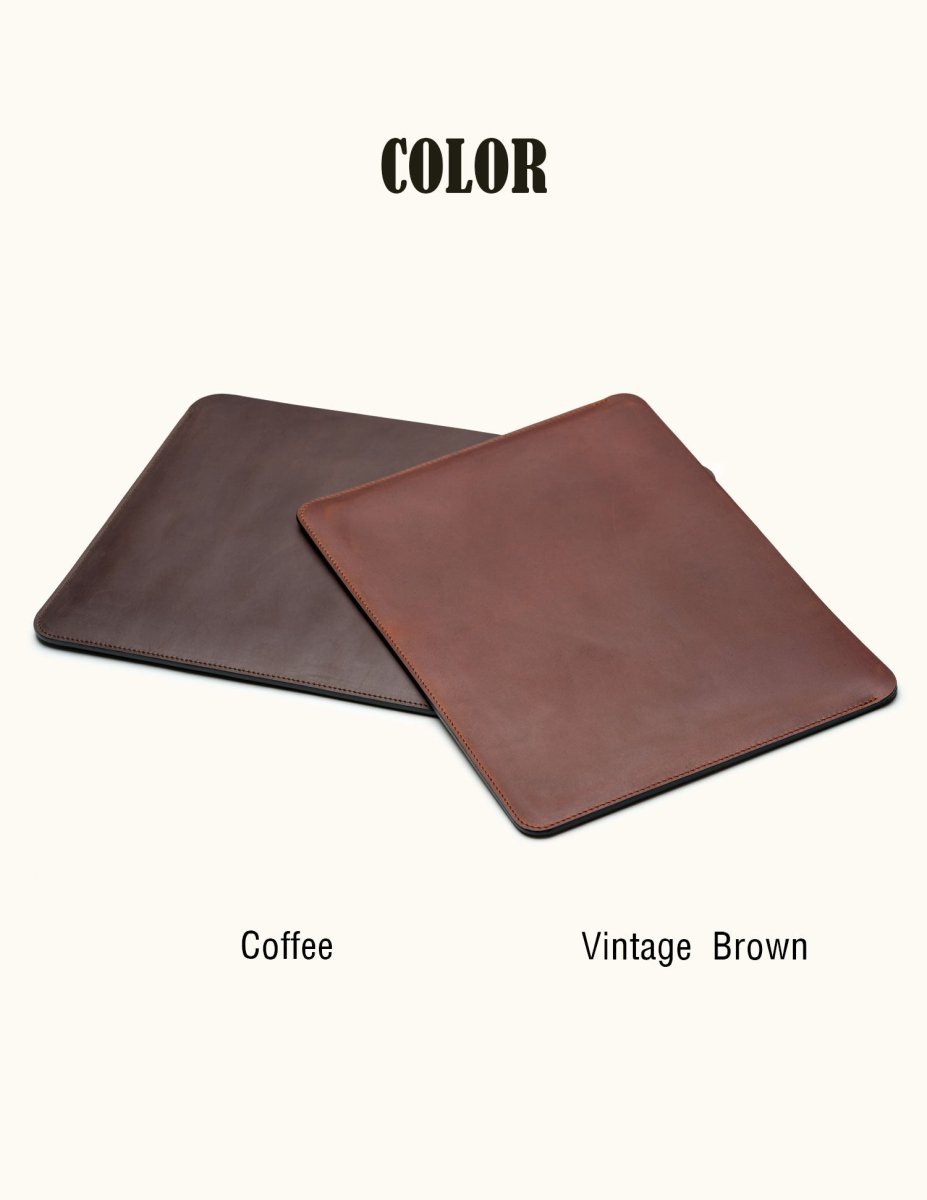 Two leather laptop sleeves beneath the heading Color, with Coffee on the left and Vintage Brown on the right.