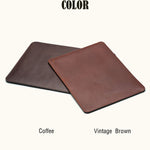 Two leather laptop sleeves beneath the heading Color, with Coffee on the left and Vintage Brown on the right.