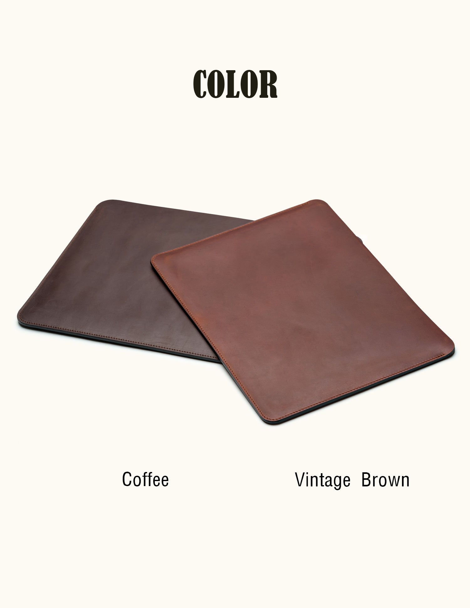 Two leather laptop sleeves beneath the heading Color, with Coffee on the left and Vintage Brown on the right.