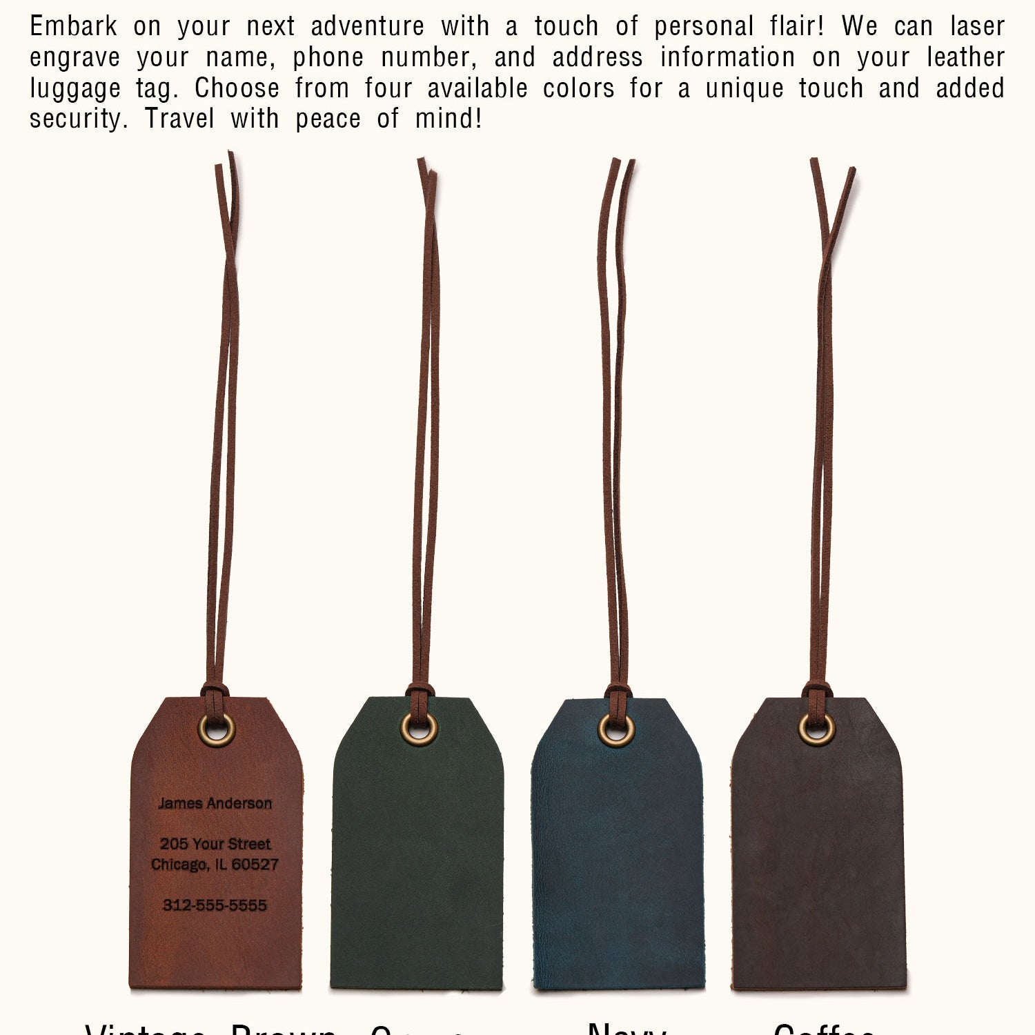 Four minimalist leather luggage tags in Vintage Brown, Green, Navy, and Coffee, with custom engraving option for name, address, and phone number