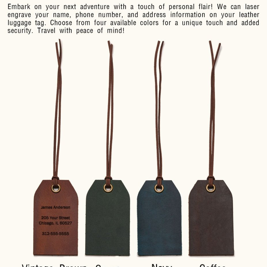 Four minimalist leather luggage tags in Vintage Brown, Green, Navy, and Coffee, with custom engraving option for name, address, and phone number