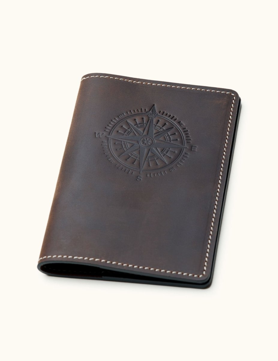 Coffee brown leather passport cover with compass rose embossed design – minimalist travel accessory for explorers