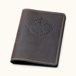 Coffee brown leather passport cover with compass rose embossed design – minimalist travel accessory for explorers
