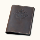 Coffee brown leather passport cover with compass rose embossed design – minimalist travel accessory for explorers