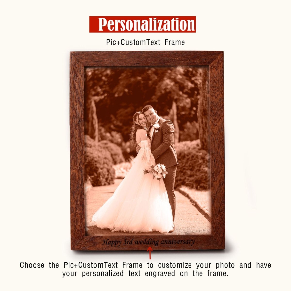 Personalized leather photo frame with a bride and groom portrait and engraved text “Happy 3rd wedding anniversary” — custom gift with photo and message engraving for anniversaries